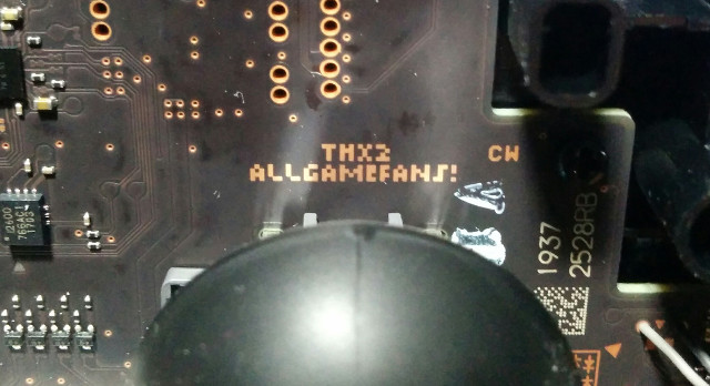 Switch Pro Controller PCB contains the message THX2 ALLGAMEFANS!