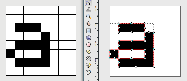 Lowercase a as a bitmap on the left and vectorized on the right