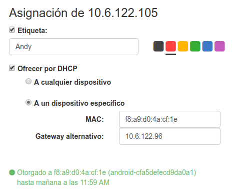 Config page for a specific IP cell. It can be labeled, given a color, added to the DHCP pool for any device or reserved for a specific device; optionally, that device can be given an alternative gateway via DHCP